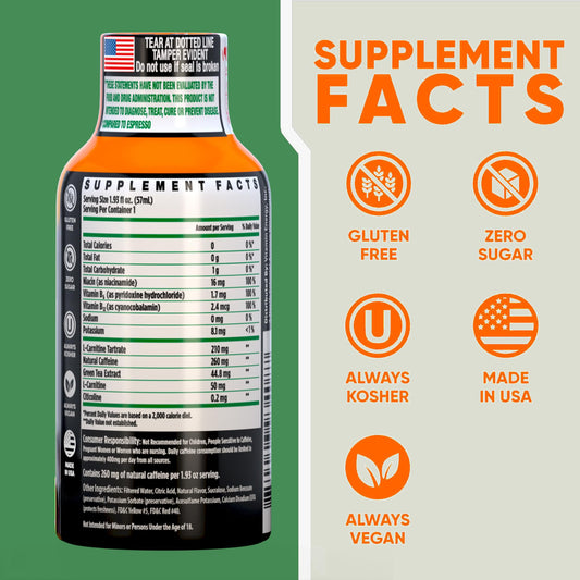 Vitamin Energy Immune+ mango bottle close-up highlighting caffeine and B-vitamins