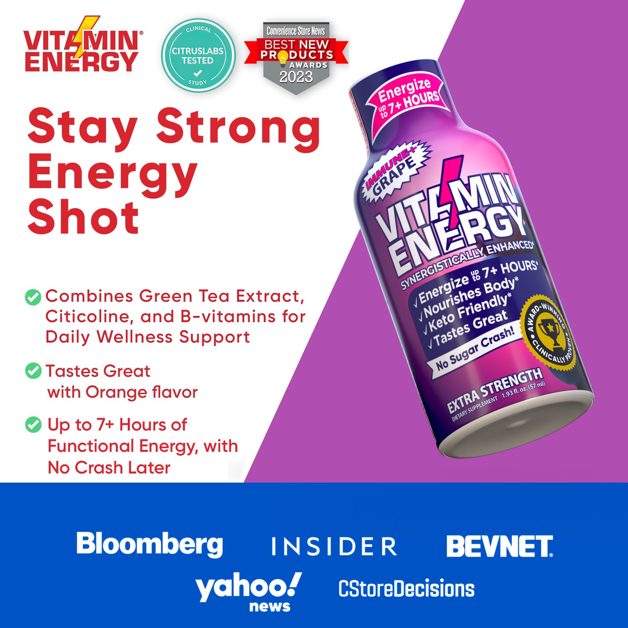 Vitamin Energy ImmunePlus green tea ingredient emphasizes energy and alertness.