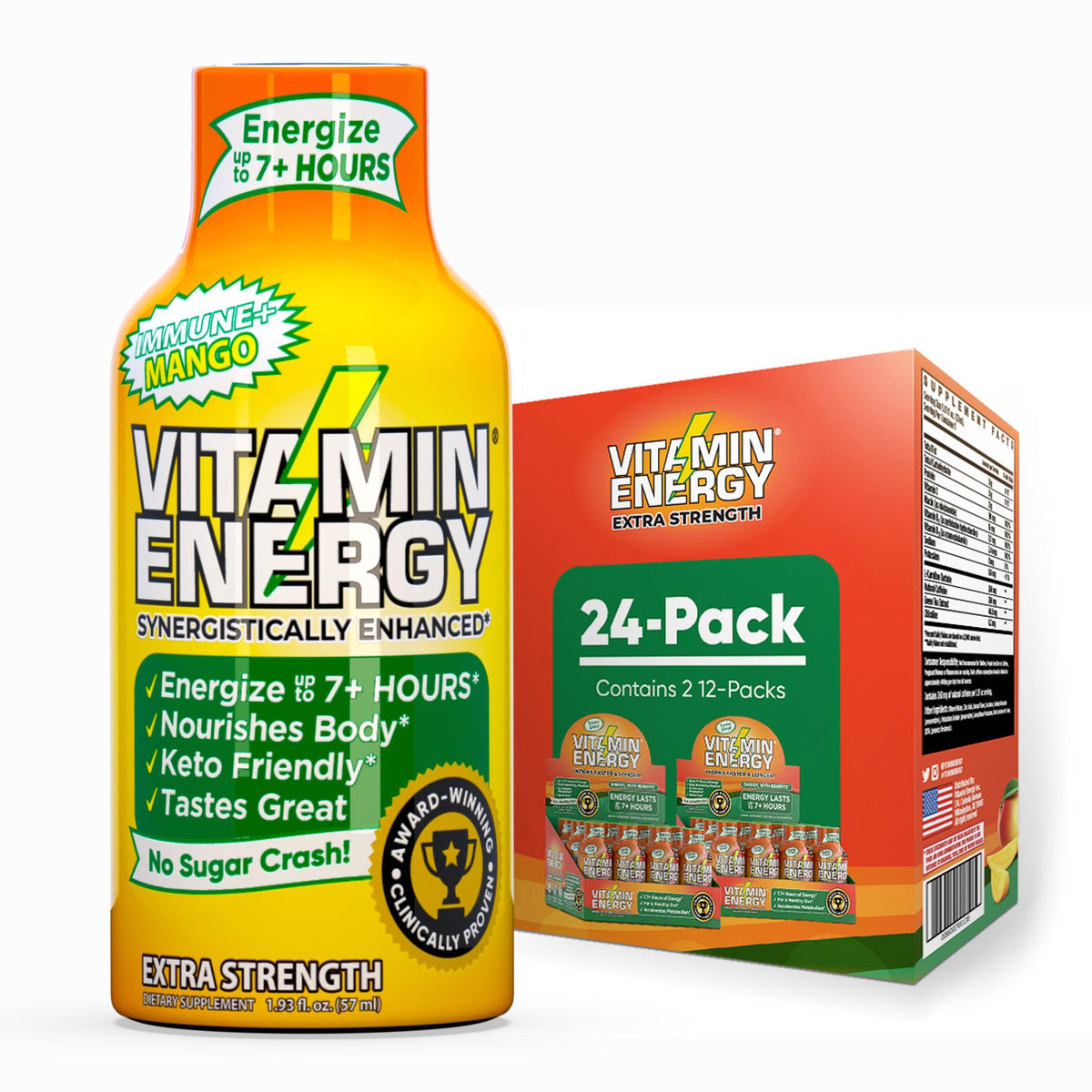 Vitamin Energy Immune+ Mango bottle for focused energy on the go.