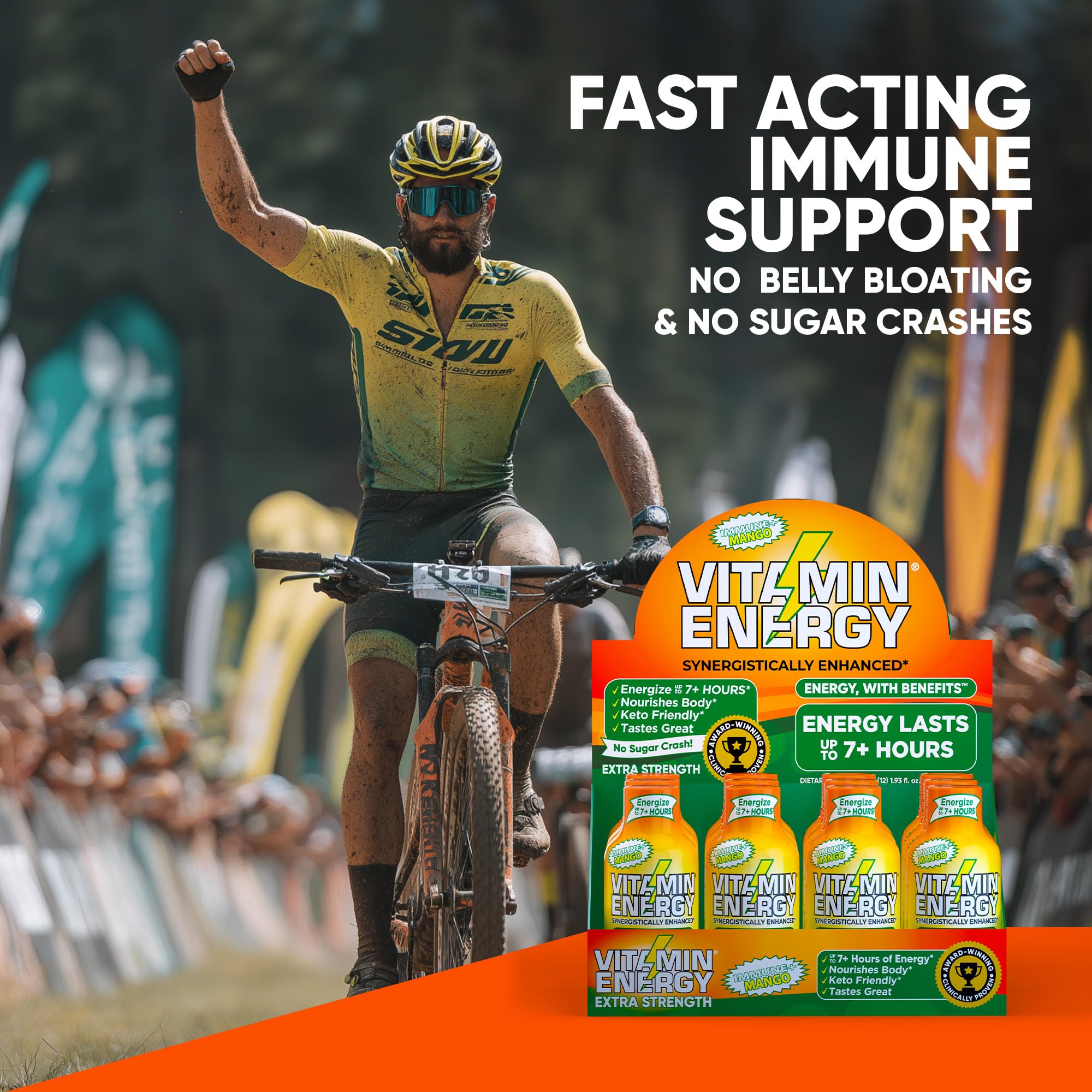 Close-up of Vitamin Energy Immune+ Mango label showing caffeine and citicoline.