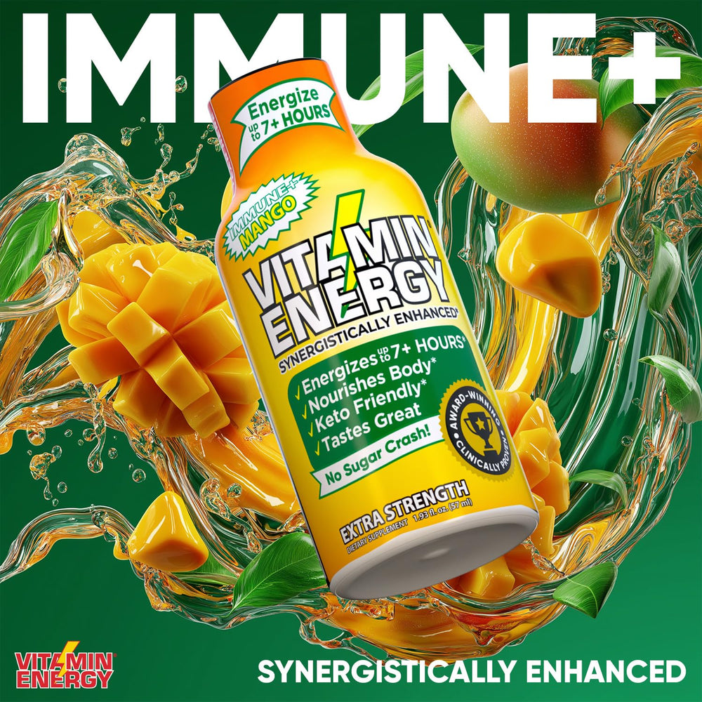 Vitamin Energy Immune+ Mango packaging shows zero sugar and gluten-free formula.
