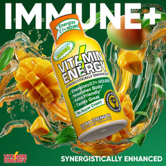 Vitamin Energy Immune+ Mango packaging shows zero sugar and gluten-free formula.