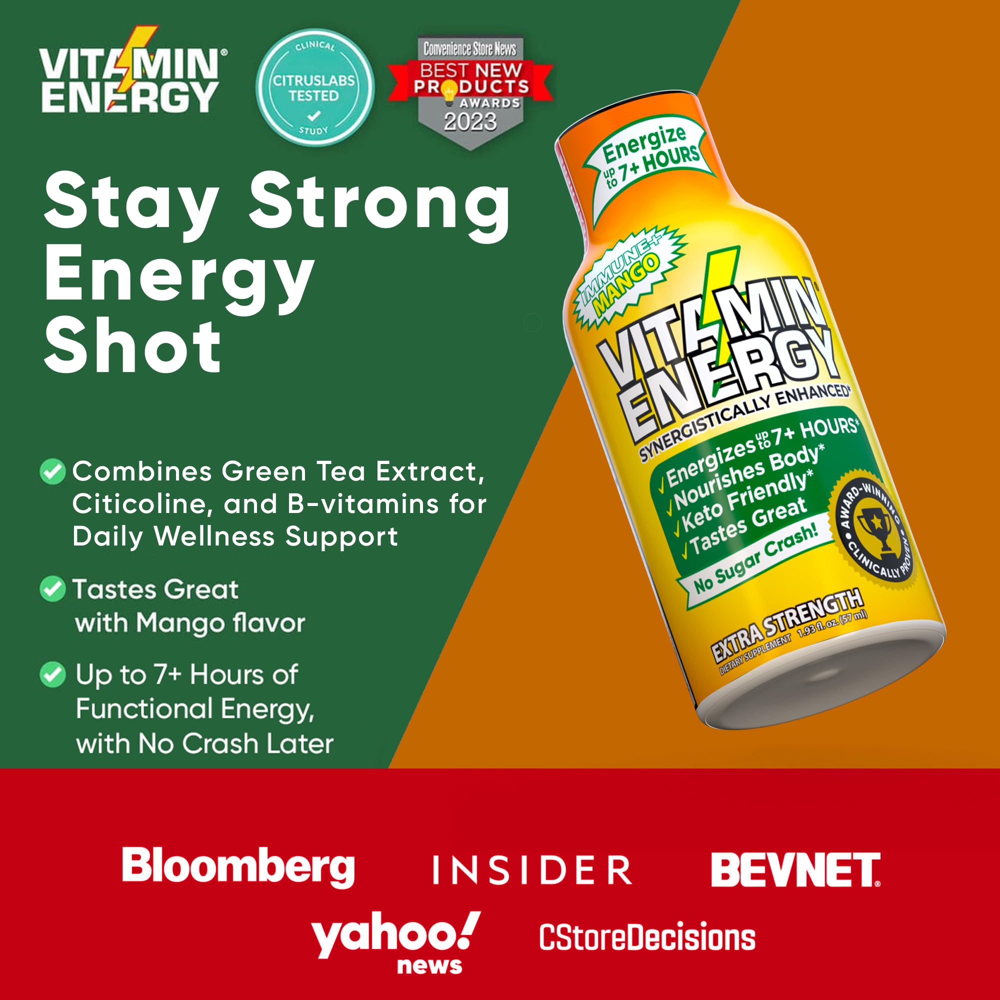 Vitamin Energy Immune+ Mango shot on desk signals portable energy.