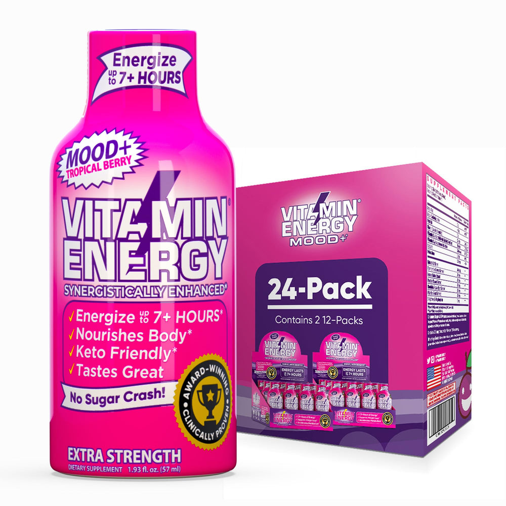Vitamin Energy Mood+ Tropical Berry bottle ready for on-the-go energy and mood support