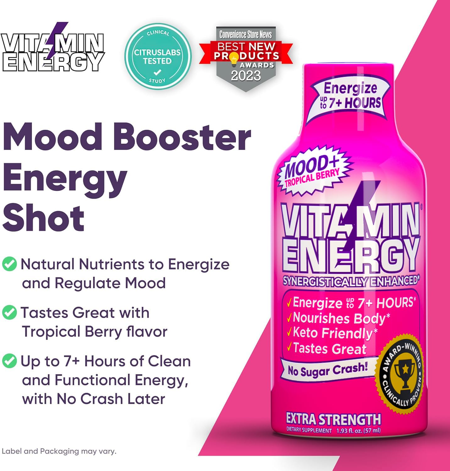 Vitamin Energy Mood+ bottle display in kitchen for morning routine