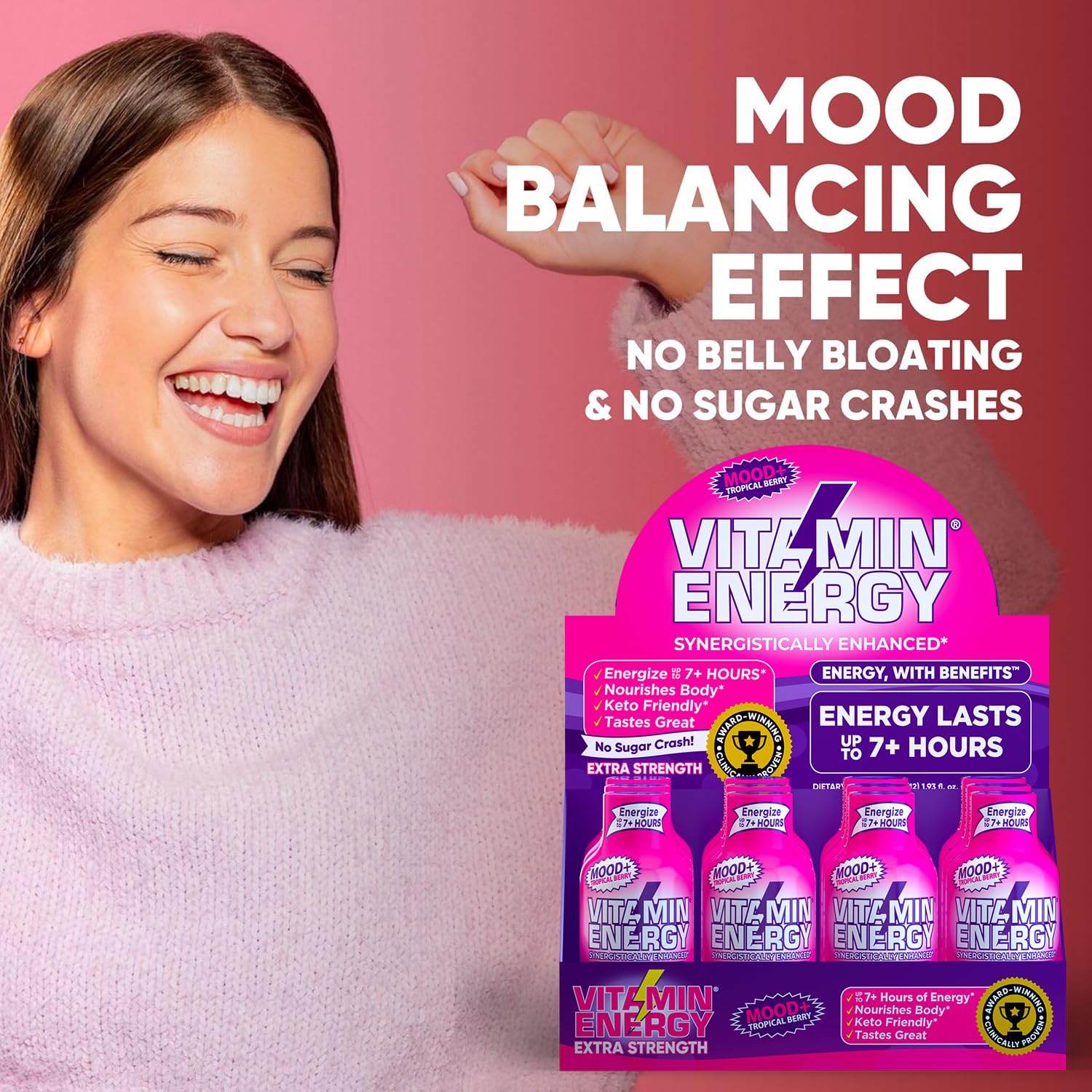 Vitamin Energy Mood+ bottle with botanical ingredients like Rhodiola and Chamomile
