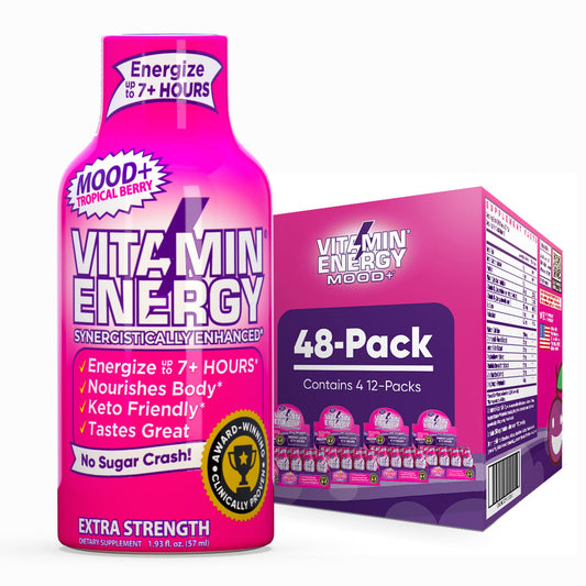 Vitamin Energy Mood+ bottle front shows tropical berry flavor and energy potential