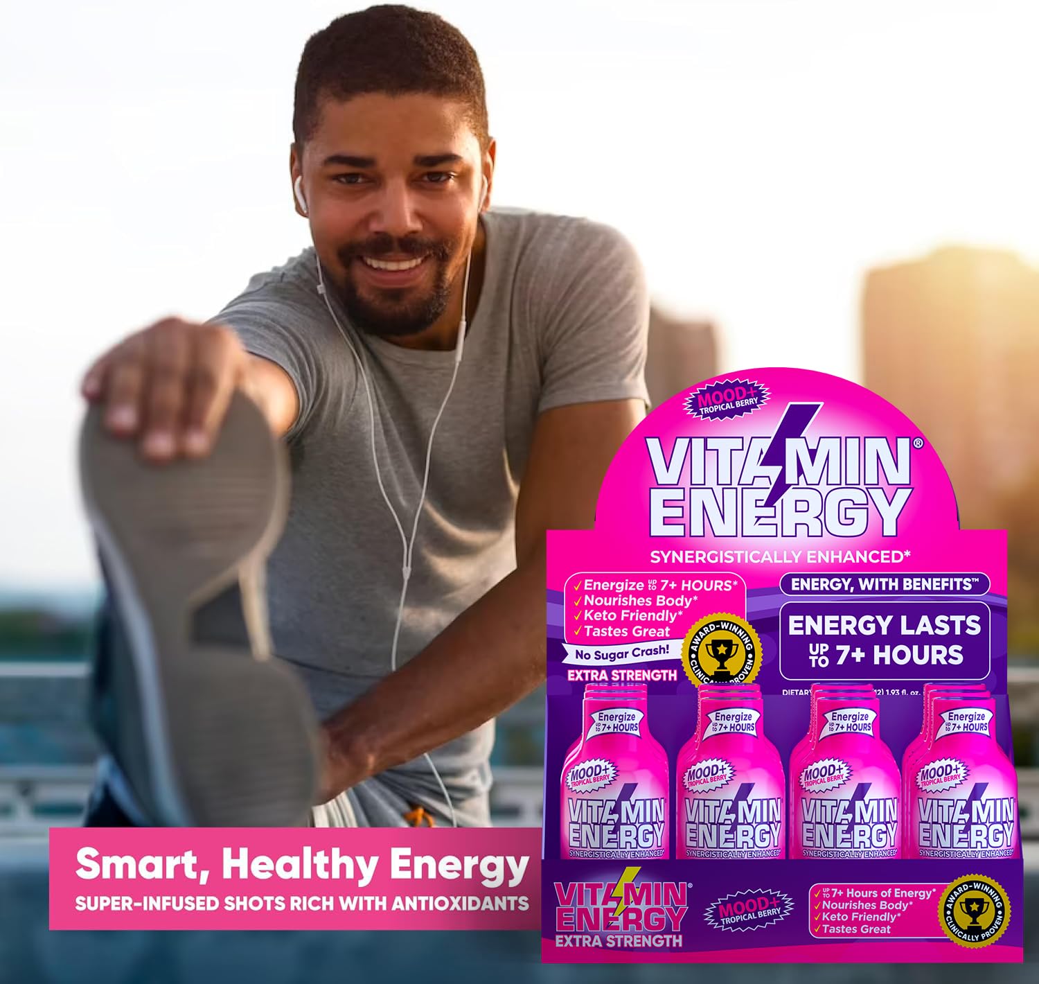 Vitamin Energy Mood+ flat lay with bottle, packaging, chamomile, rhodiola