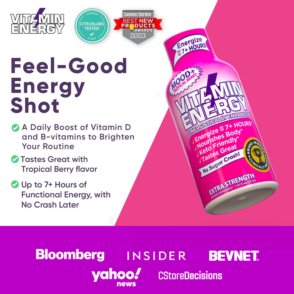 Vitamin Energy Mood+ shot on a desk beside laptop for focused work