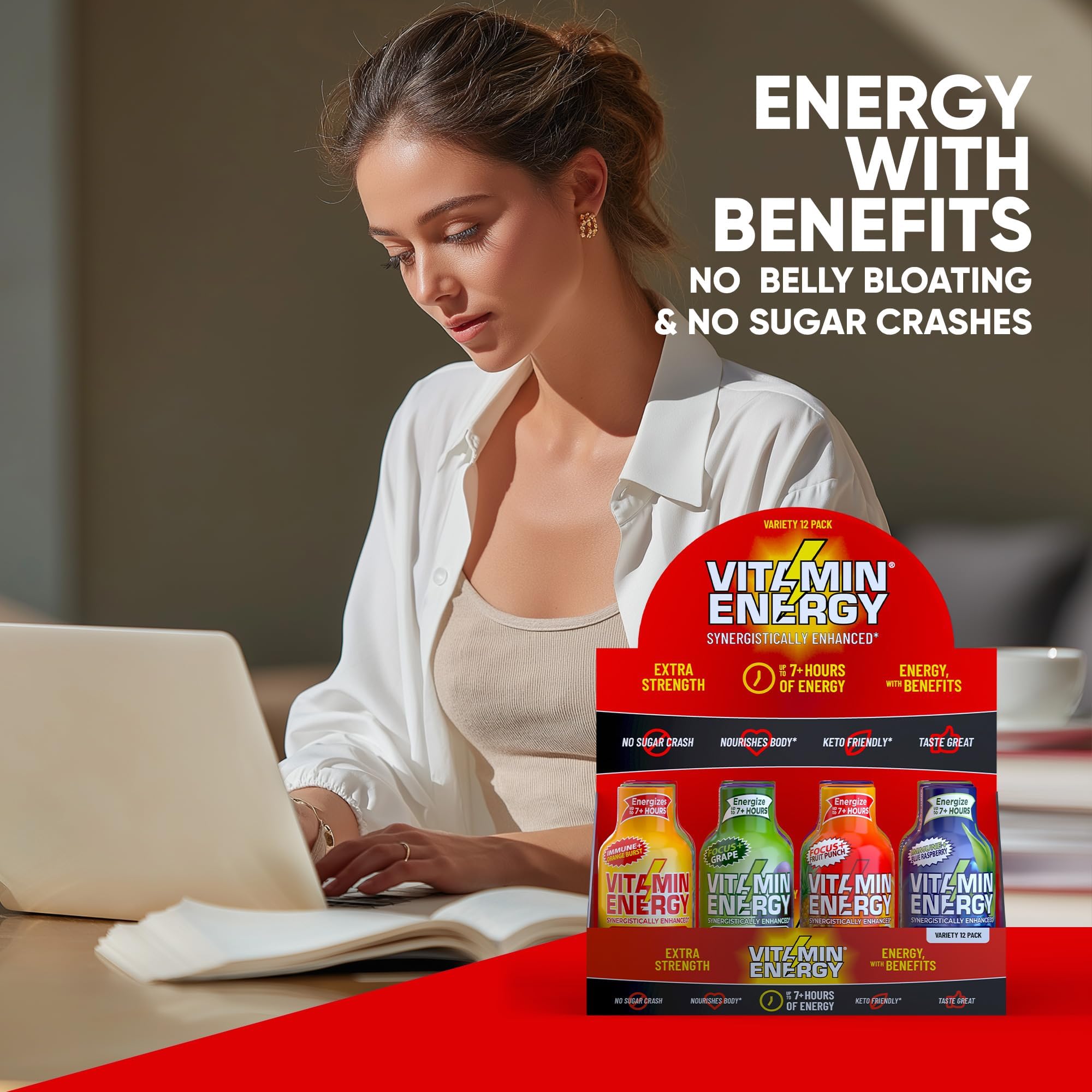 Vitamin Energy box close-up shows compact packaging for travel use.