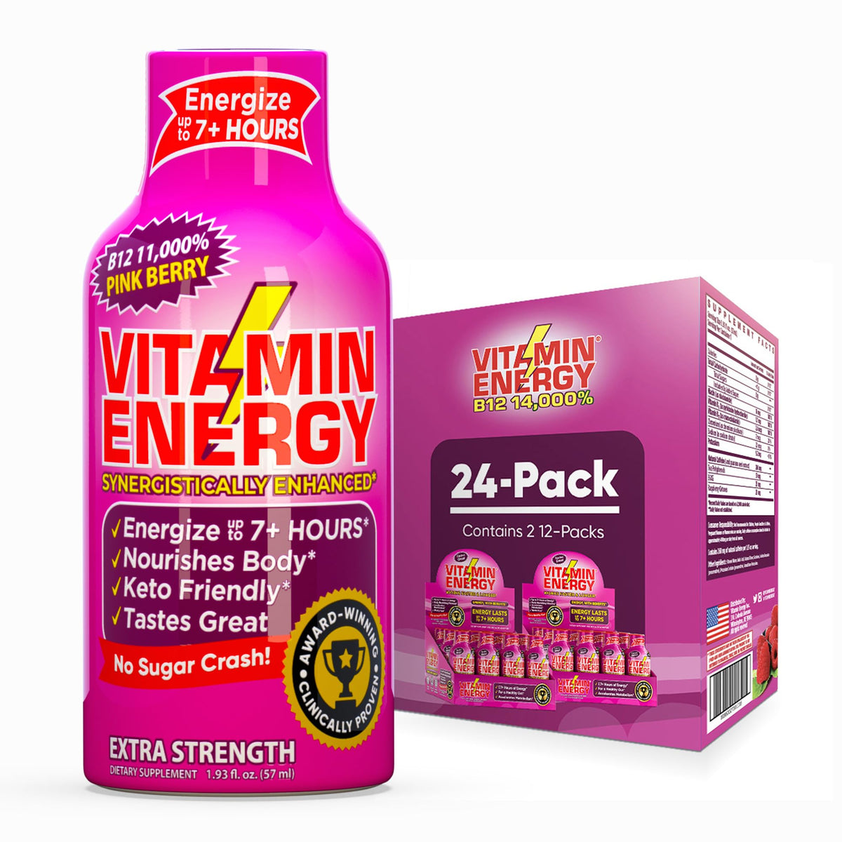 Vitamin Energy pink berry shot bottle highlighting compact energy for busy days.
