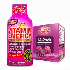 Vitamin Energy pink berry shot bottle highlighting compact energy for busy days.