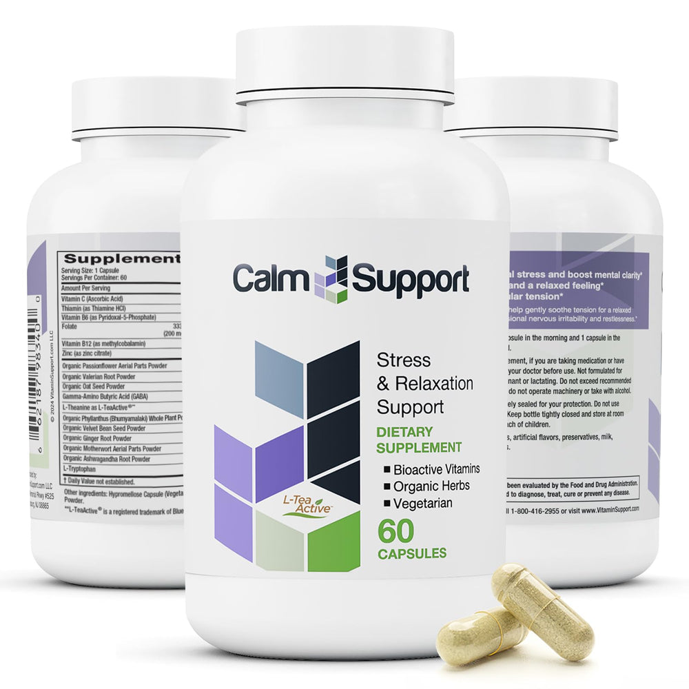 Vitamin Support CalmSupport bottle with Ashwagandha for daily calm and balance.