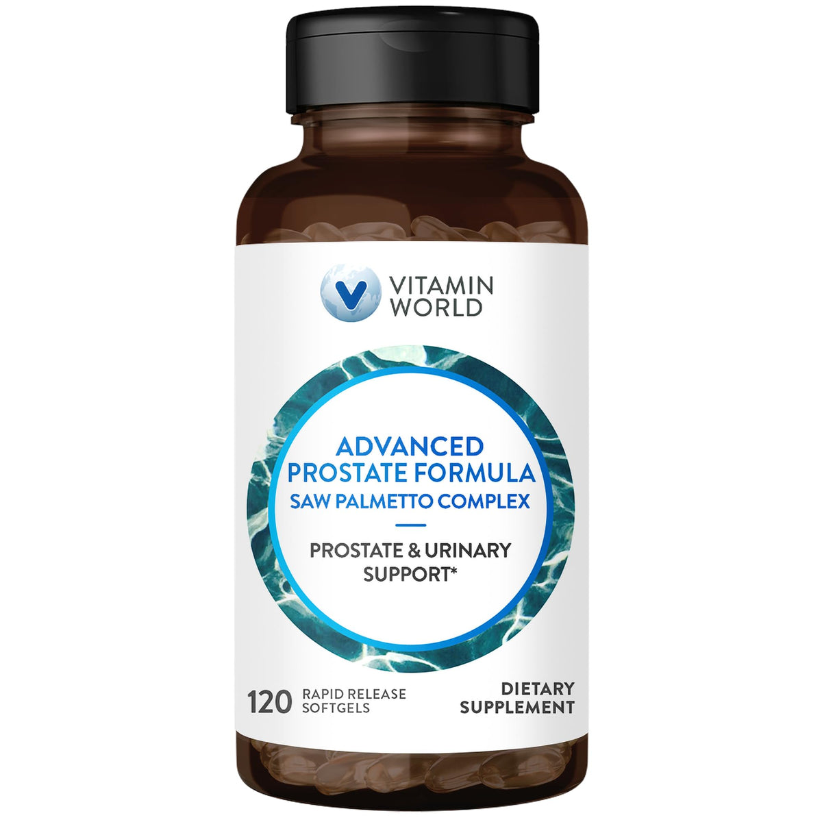 Vitamin World Advanced Prostate Formula softgels bottle highlighting rapid-release support for daily wellness.