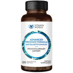 Vitamin World Advanced Prostate Formula softgels bottle highlighting rapid-release support for daily wellness.