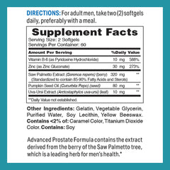 Vitamin World Advanced Prostate Formula softgels label closeup confirms gluten-free formulation.