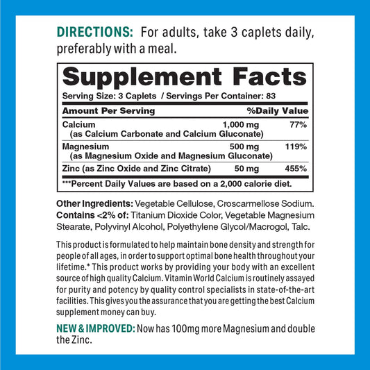 Vitamin World calcium magnesium zinc label panel detailing ingredients and nutrition for balanced daily minerals