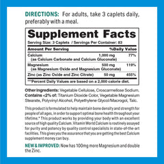 Vitamin World calcium magnesium zinc label panel detailing ingredients and nutrition for balanced daily minerals
