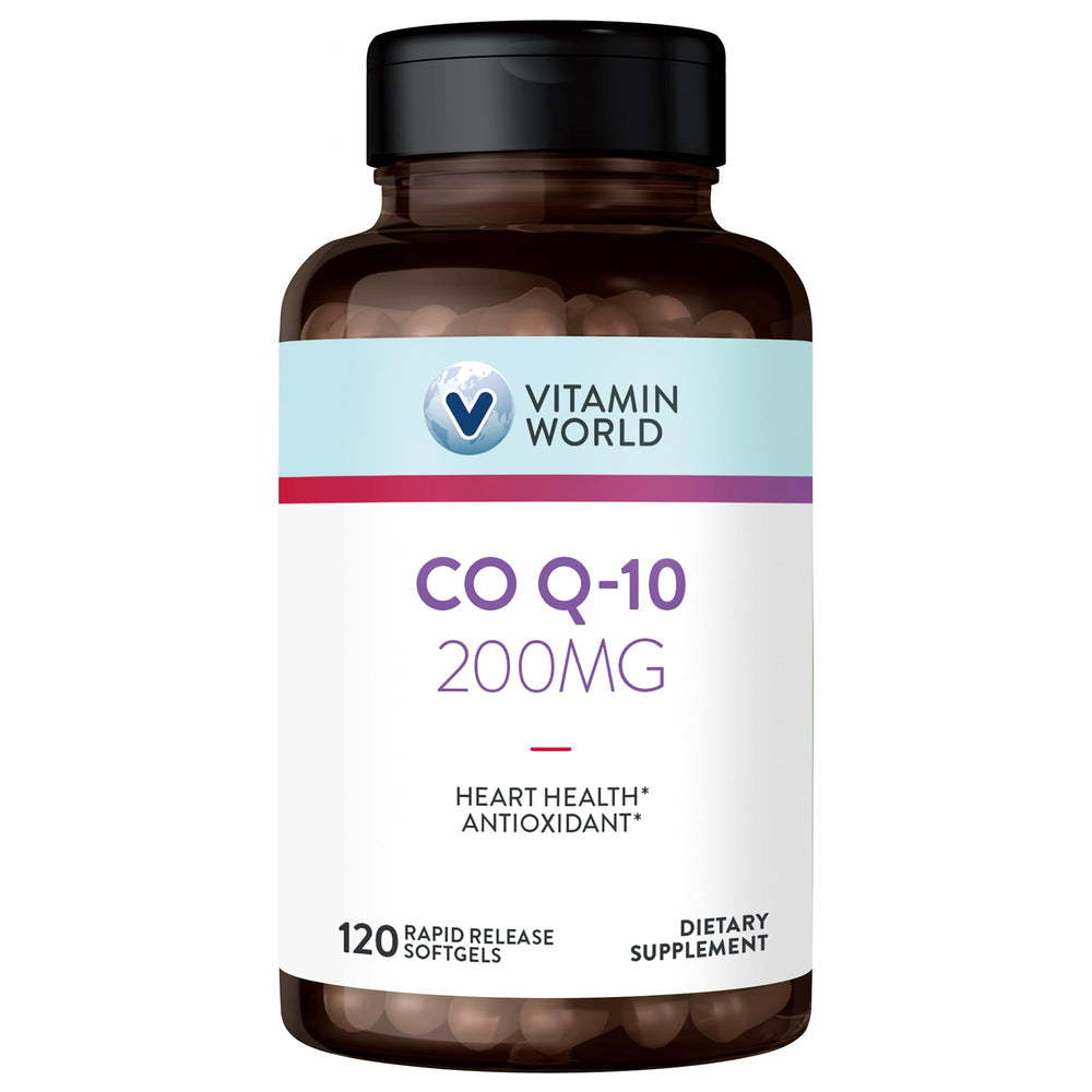 Vitamin World CoQ10 200 mg bottle front, suggesting heart health support.