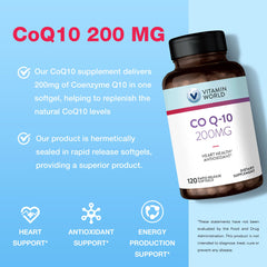 Pouring Vitamin World CoQ10 200 mg bottle, illustrating convenient daily use.