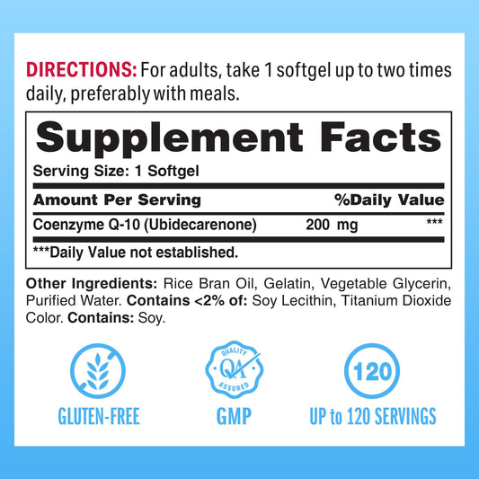Closeup of Vitamin World CoQ10 200 mg softgels, highlighting antioxidant protection.