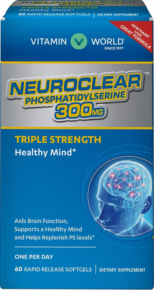 Vitamin World NeuroClear phosphatidylserine 300 mg softgels support cognitive health and daily brain function.