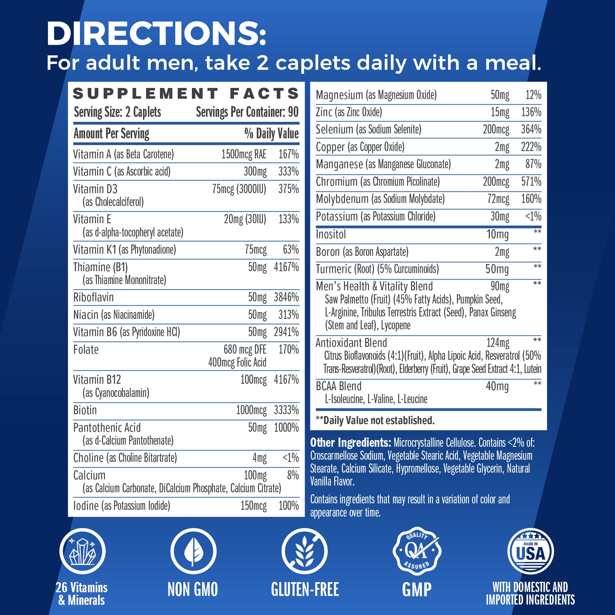 Vitamin World Ultra 360 Men caplets closeup highlighting convenient two per day dosing.