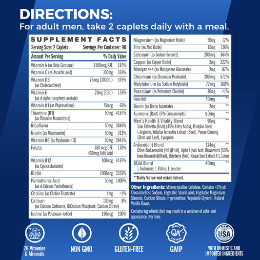 Vitamin World Ultra 360 Men caplets closeup highlighting convenient two per day dosing.