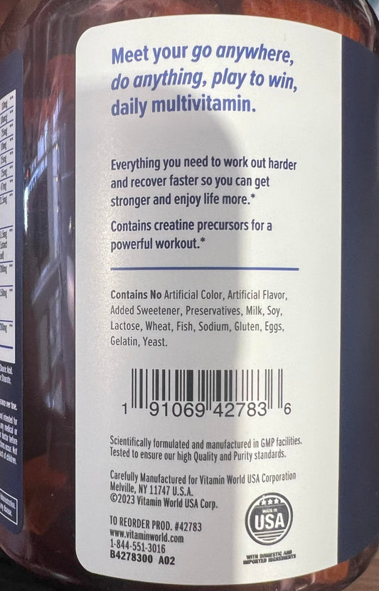 Vitamin World Ultra 360 Men’s Multi Sport packaging showcases a complete daily multivitamin.