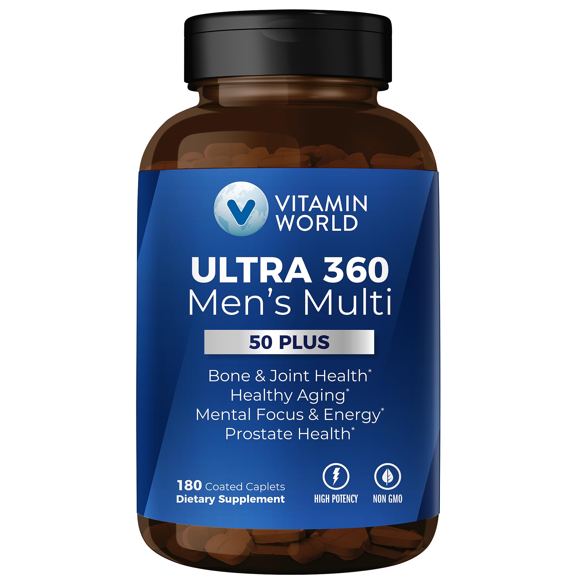 Vitamin World Ultra 360 Men 50+ bottle shown for daily wellness.