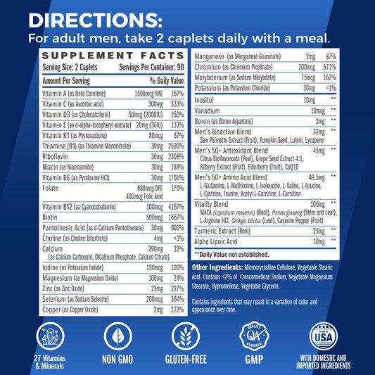 Close-up of Vitamin World Ultra 360 Men 50+ caplets for daily use.