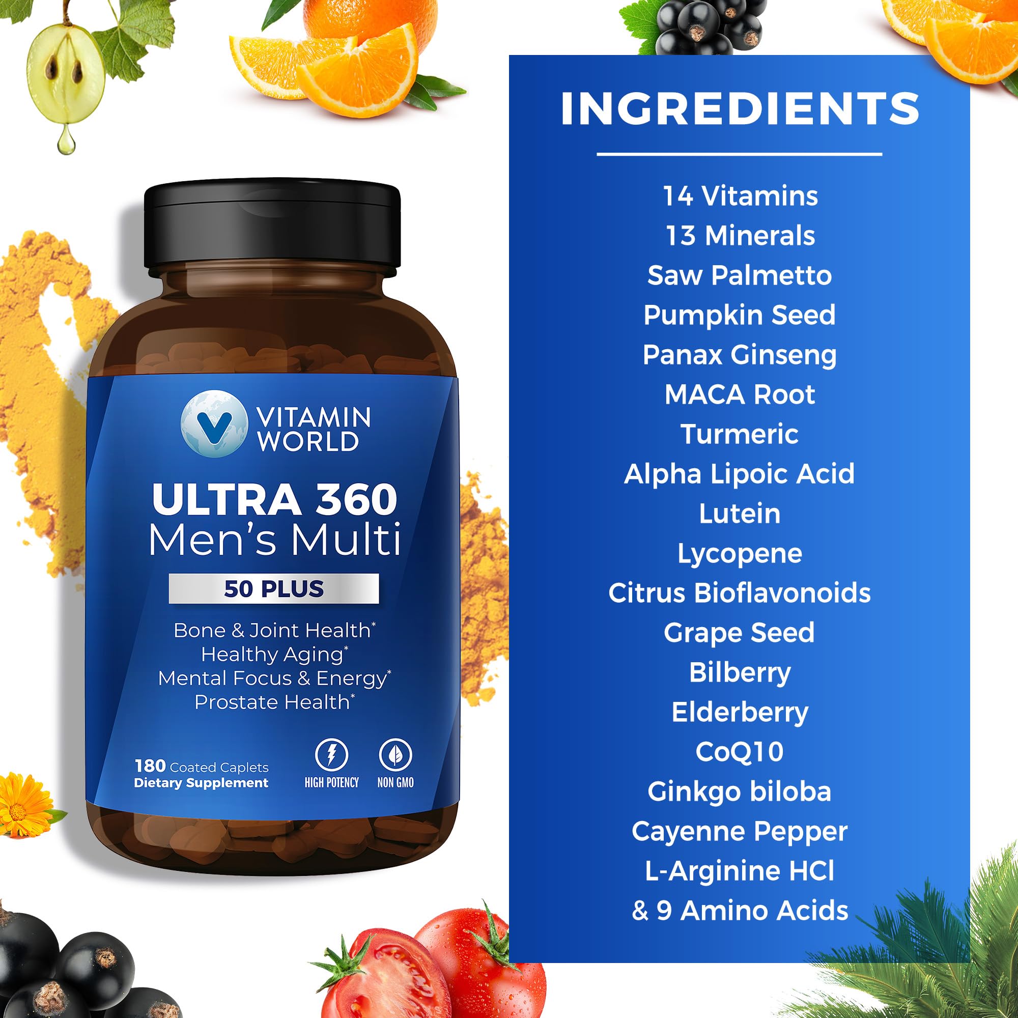 Caplets being poured from Vitamin World Ultra 360 Men 50+ bottle.
