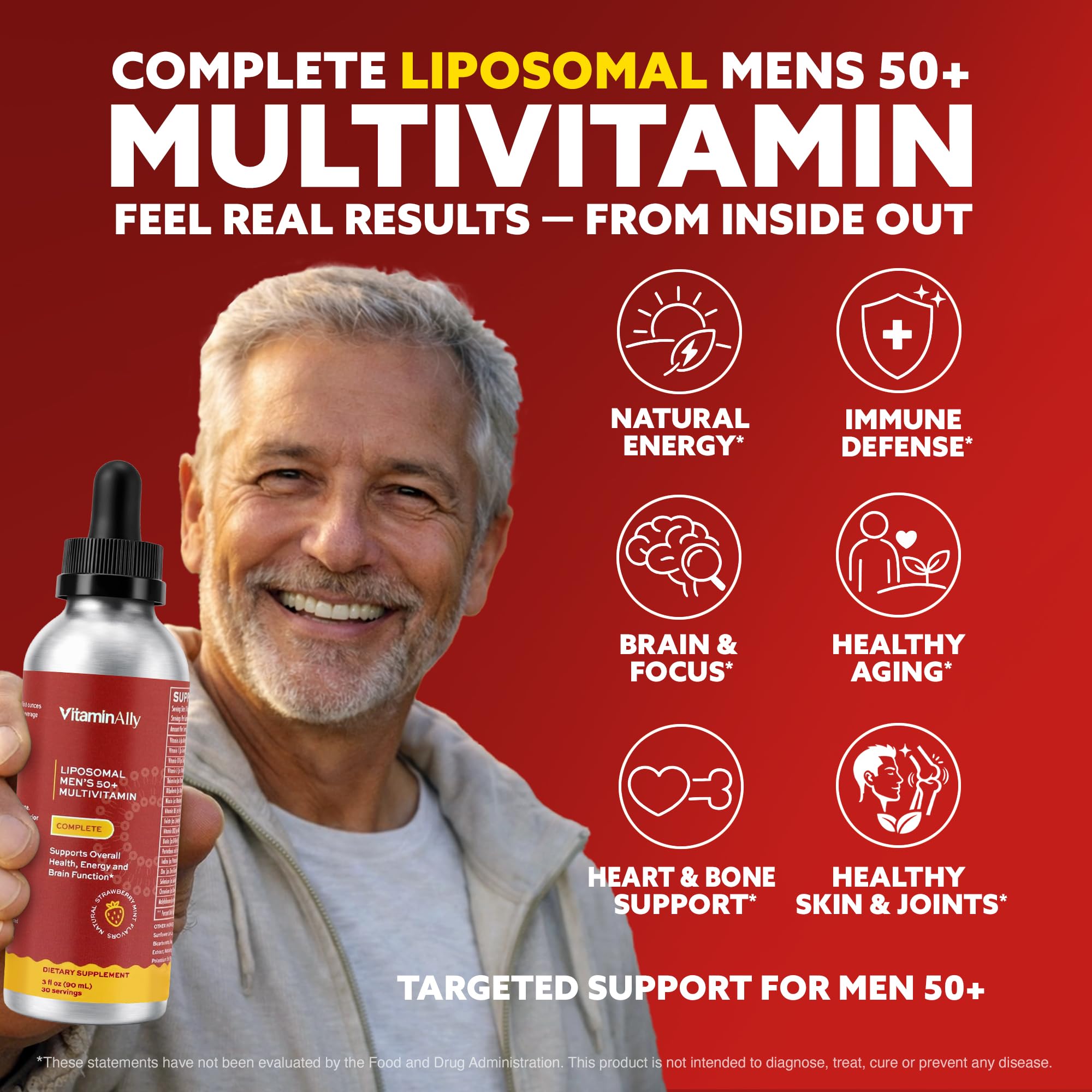 Vitaminally liposomal men 50+ dropper pouring into a glass for quick dosing