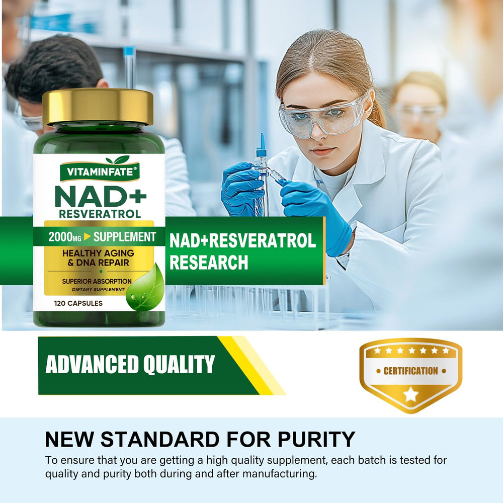 VITAMINFATE NAD+ bottle on table with natural lighting for daily wellness.