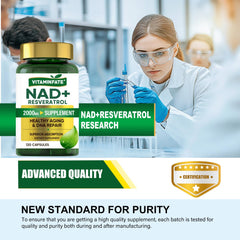 VITAMINFATE NAD+ bottle on table with natural lighting for daily wellness.