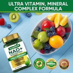 Packaging shows a long-lasting 120-count supply for NAD+ support.