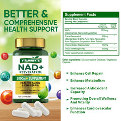 Spoon with VITAMINFATE NAD+ capsules implies convenient dosing.