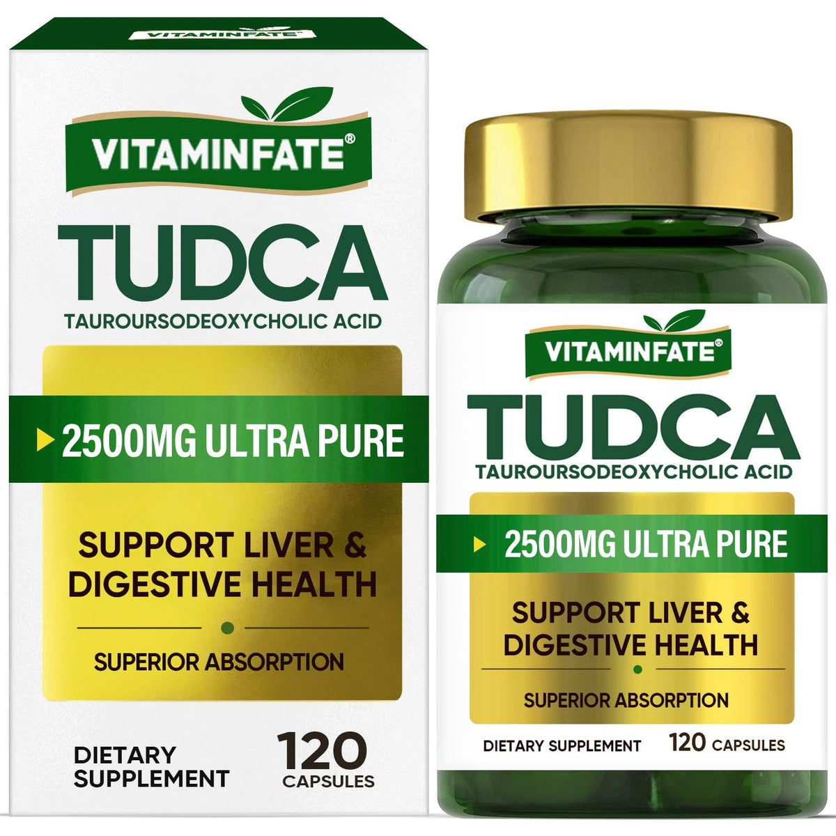 VITAMINFATE TudCA liver support bottle highlighting detox and digestion potential.