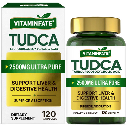 VITAMINFATE TudCA liver support bottle highlighting detox and digestion potential.