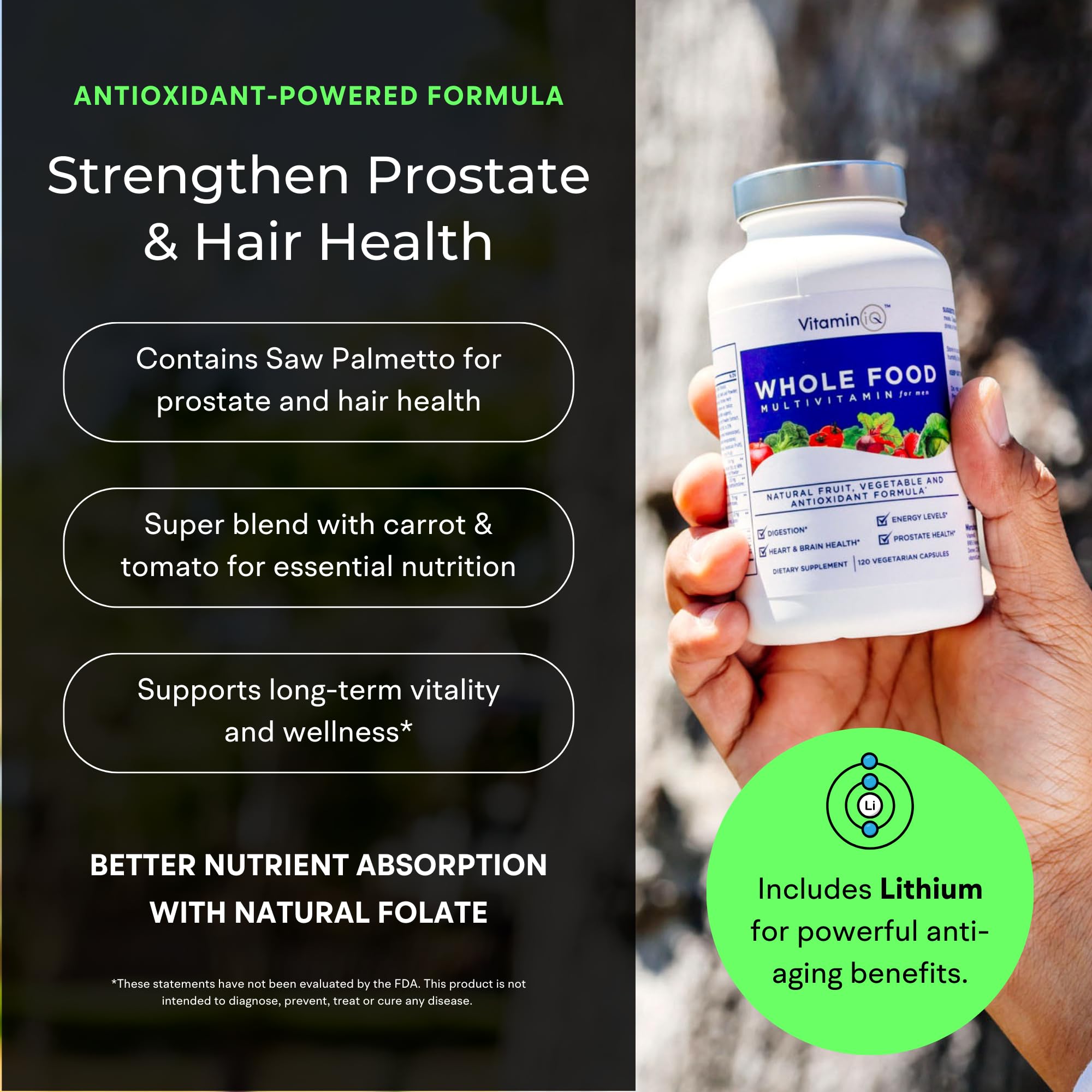 VitaminIQ bottle highlights calcium, magnesium, zinc for bone and muscle support.