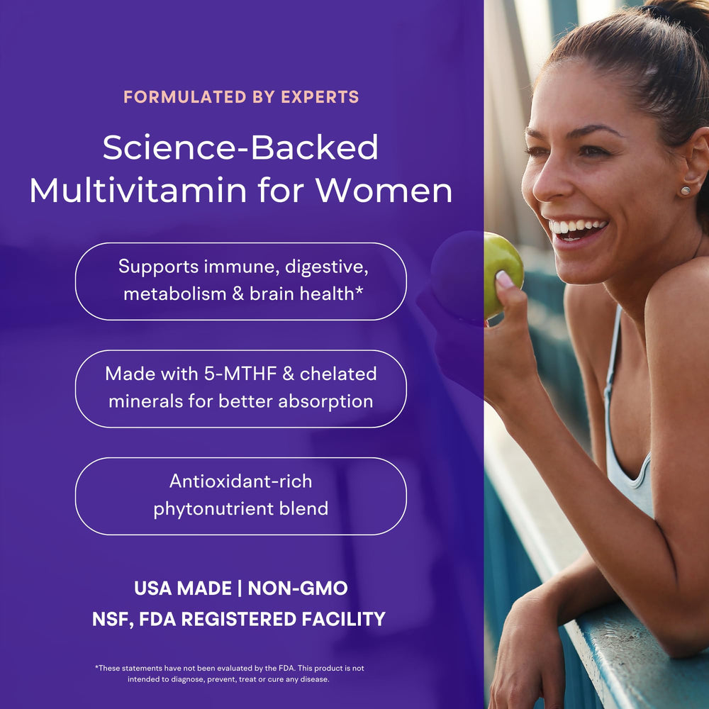 VitaminIQ Multivitamin for Women bottle back label showing ingredient details and benefits