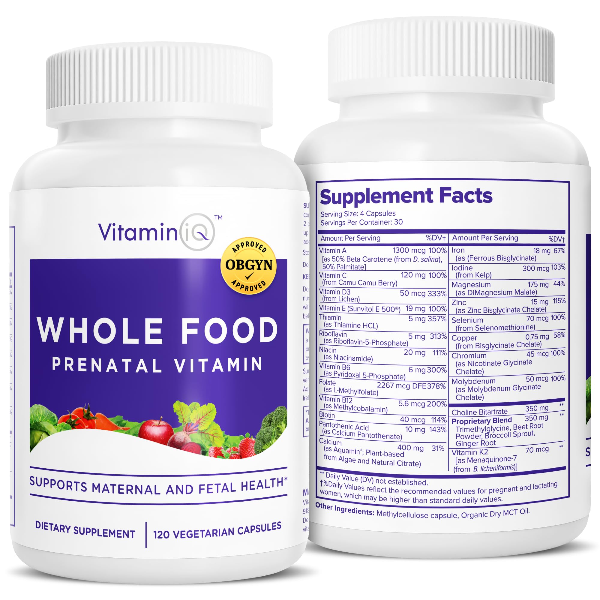 VitaminIQ whole-food prenatal bottle on a counter highlighting natural nutrition benefits