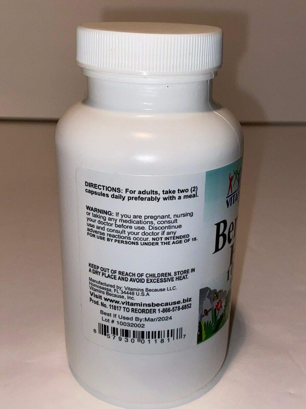 Vitamins Because berberine bottle back label with dosage information.