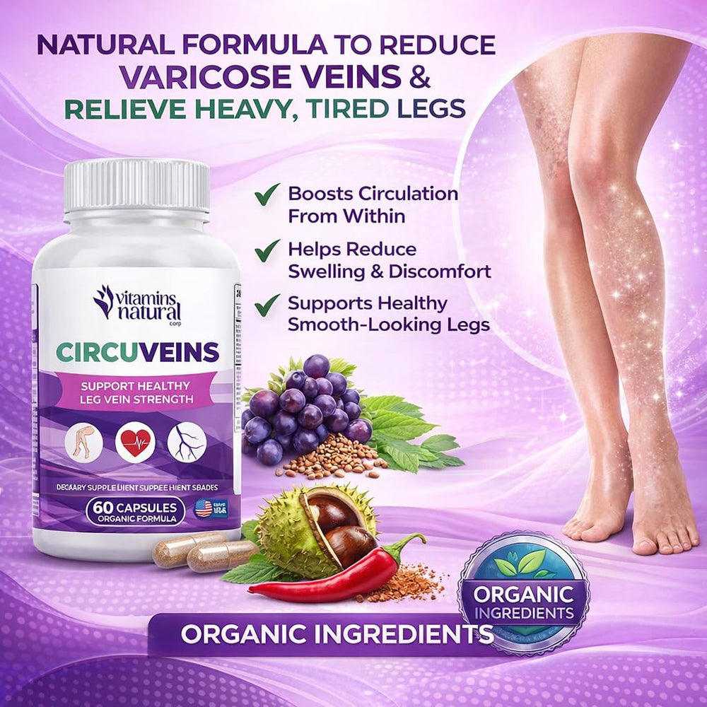 CircuVeins capsules closeup highlighting organic ingredients for circulation