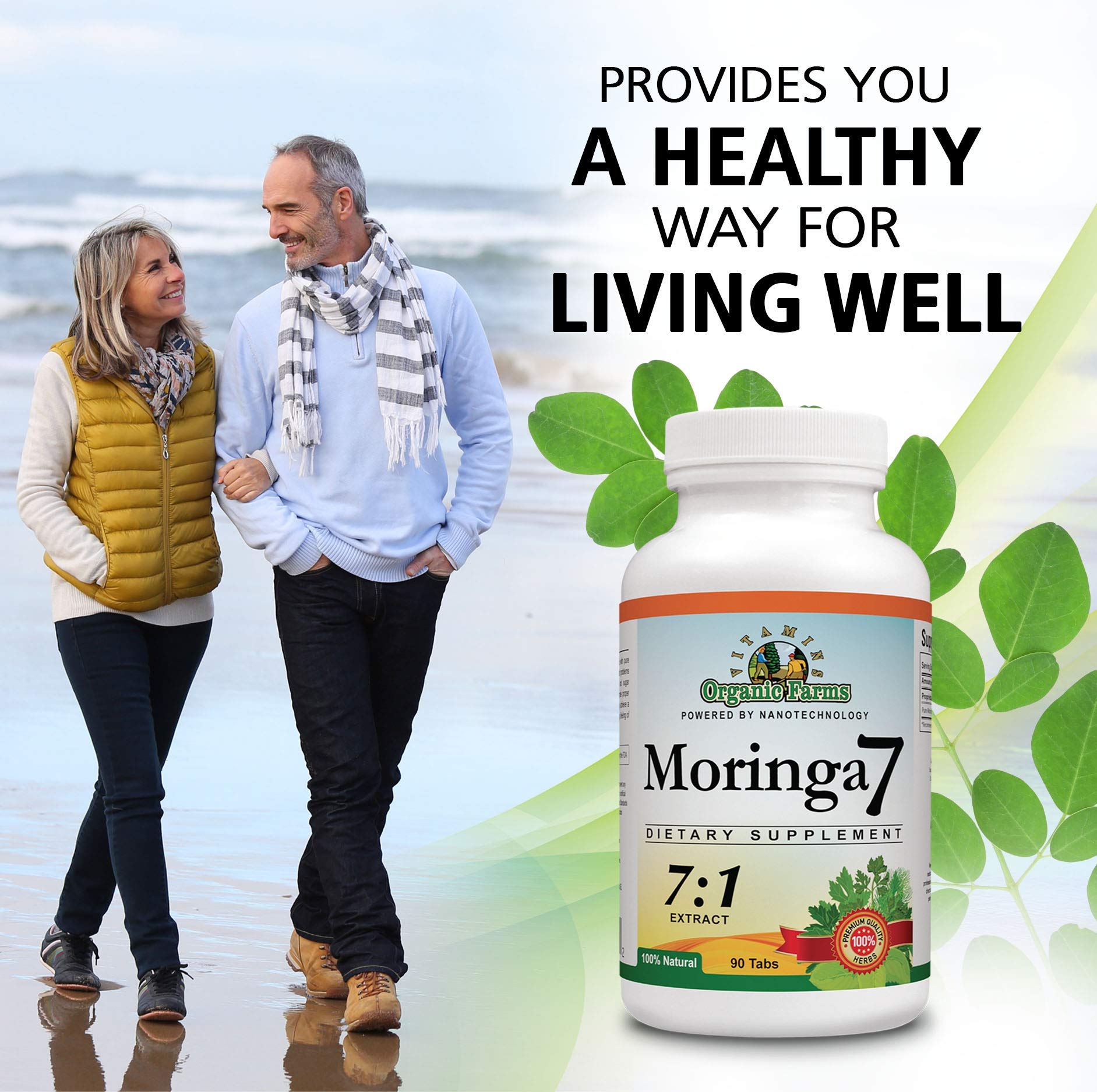 Vitamins Organic Farms Moringa7 powder jar for versatile mixes in beverages