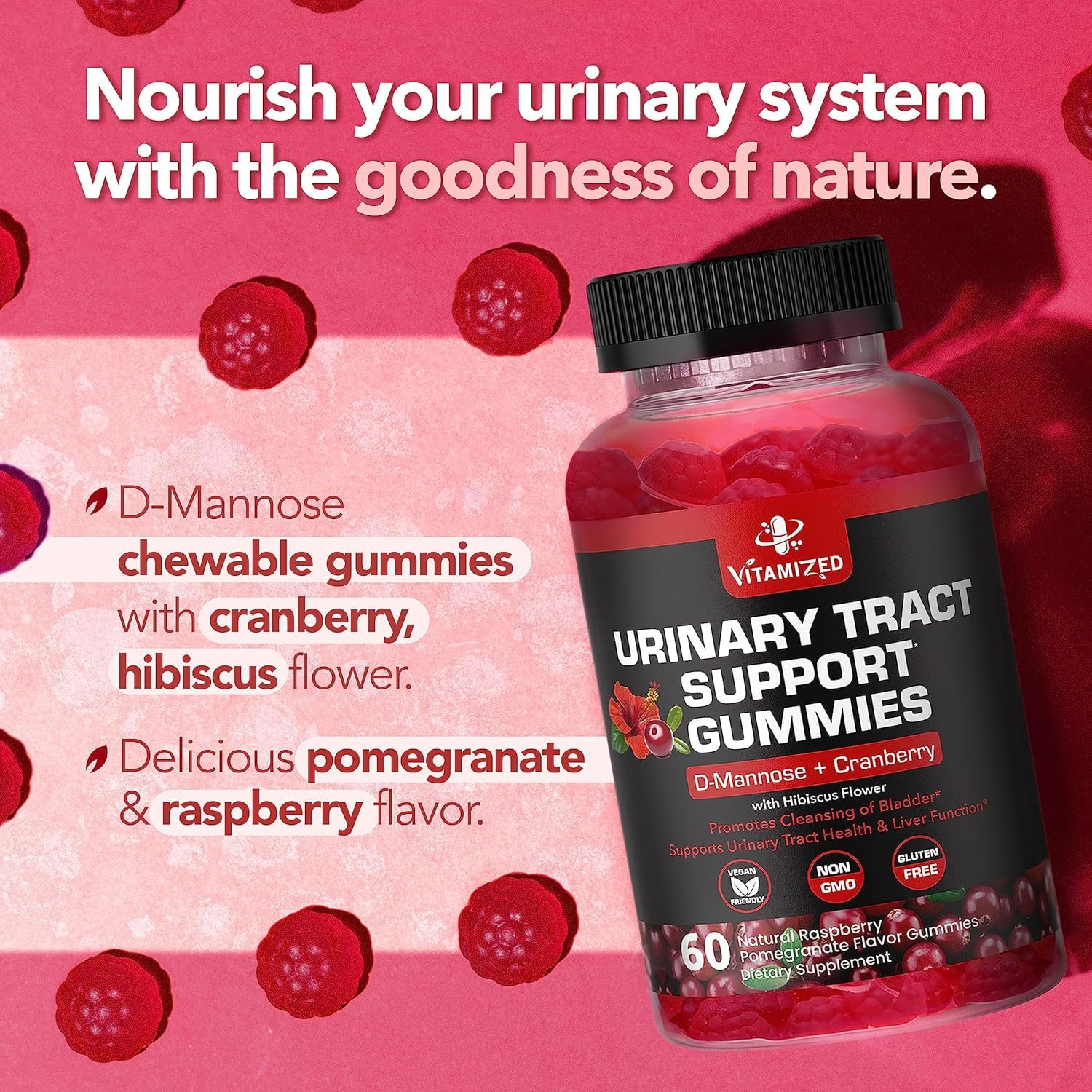 VITAMIZED ingredient label close-up shows cranberry extract and D-Mannose.