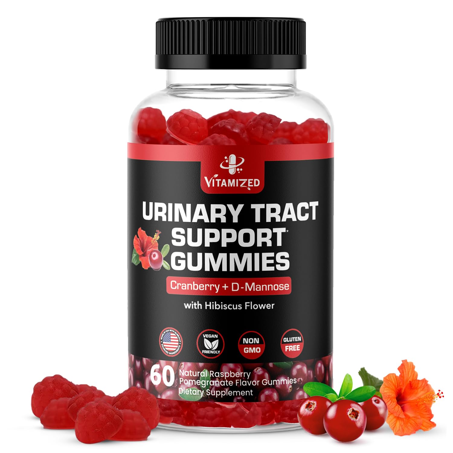 VITAMIZED Cranberry Gummies bottle front for easy daily urinary support