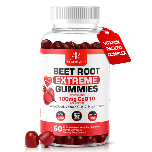 Vitamized Extreme Beetroot Formula bottle shows potent beetroot and COQ10 blend for circulation support.