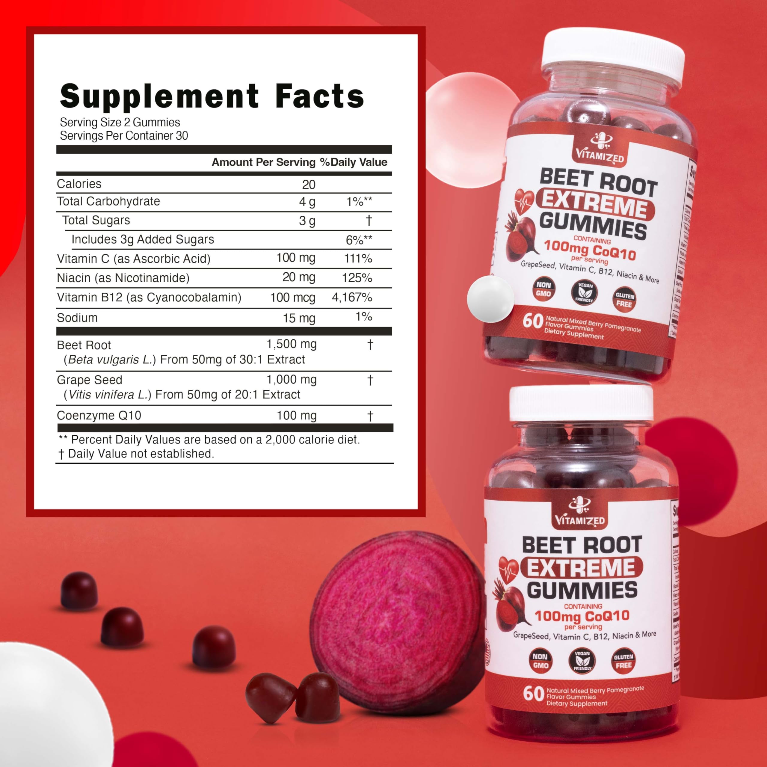 Vitamized ingredient list highlights COQ10 and grape seed extract for heart energy support.