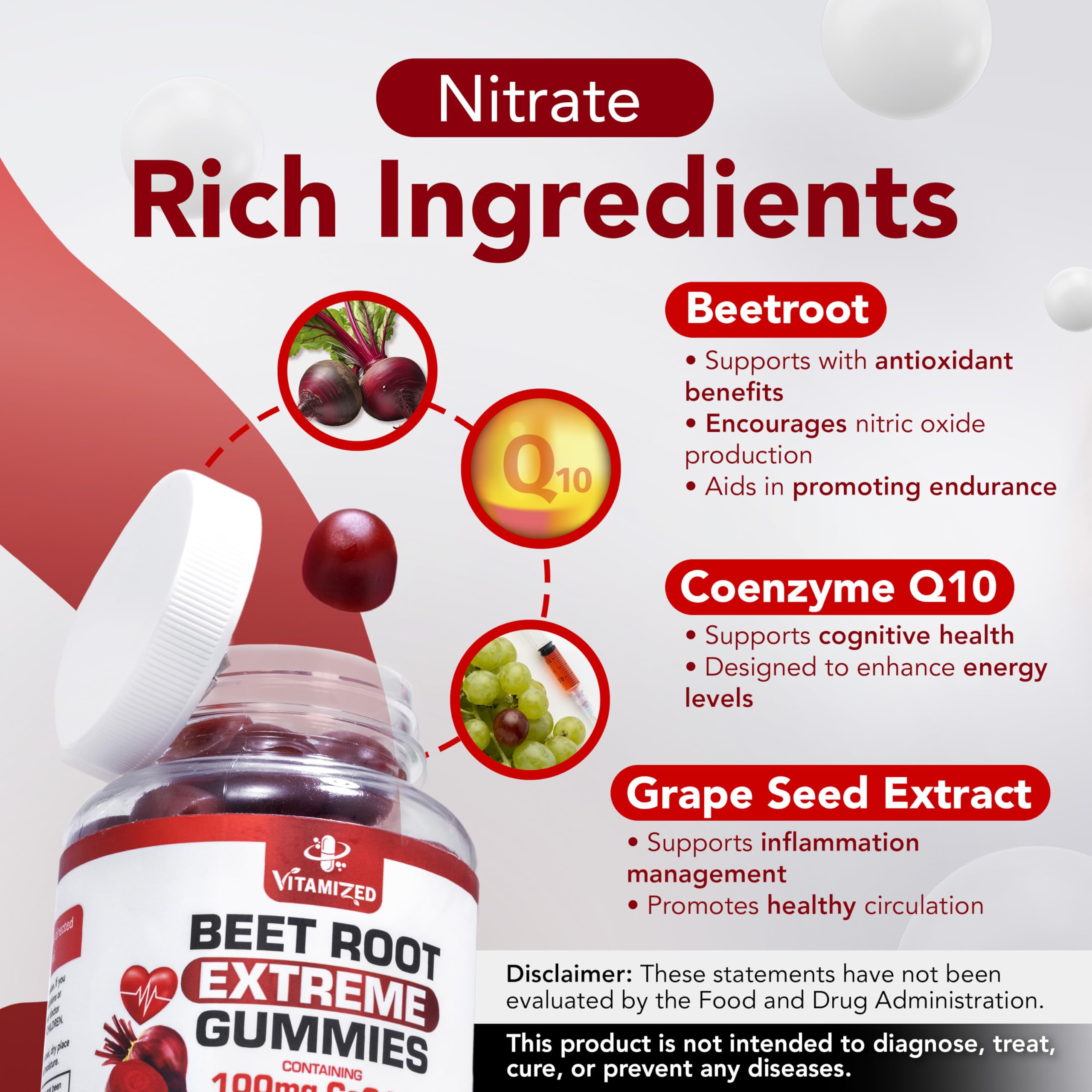 Vitamized Gummies close-up highlights the tasty pomegranate flavor and energy-boosting beetroot mix.
